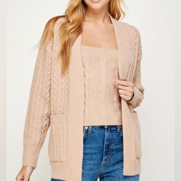 Lisse Cable Knit Cardigan And Tank In Beige - Picture 2 of 7